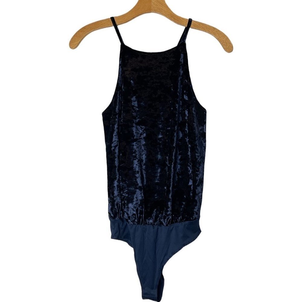 Greylin Navy Blue Velvet Spaghetti Strap Halter Neckline Clarissa Bodysuit XS - Picture 3 of 15